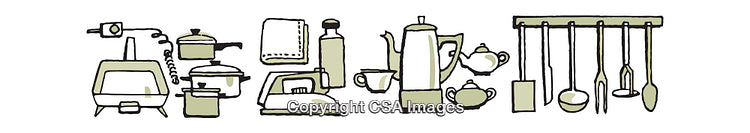Illustrated Collection of Kitchenware and Utensils Arranged on Display