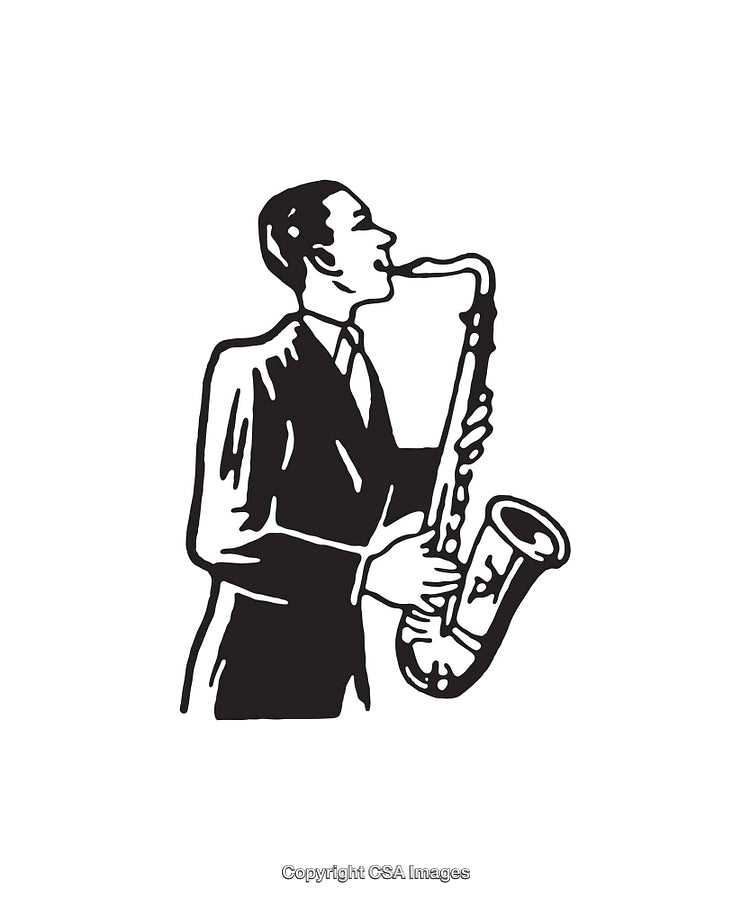 Black and White Line Art of a Musician Playing a Saxophone