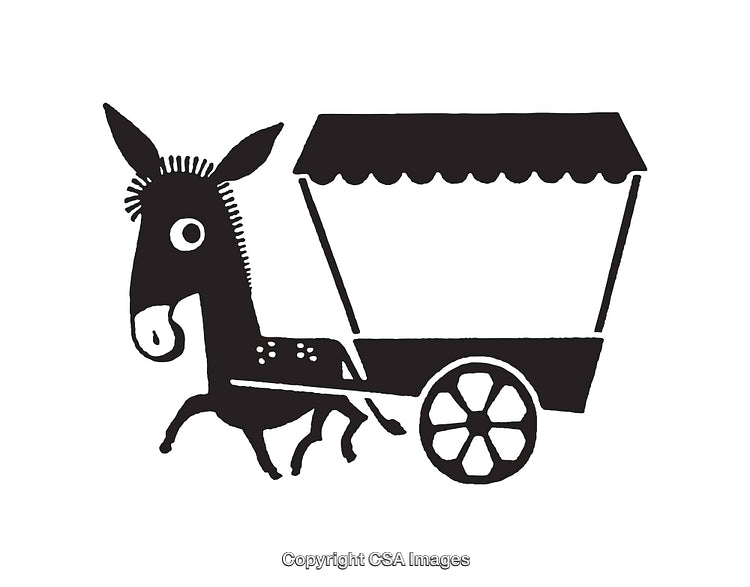 Black And White Cartoon of a Donkey Pulling a Wooden Cart