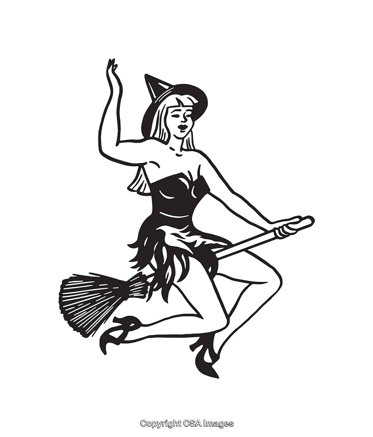 Black and White Illustration of a Witch Riding a Broomstick