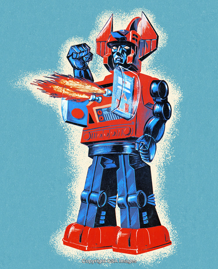 Retro Styled Robot Illustration with Blue and Red Color Scheme