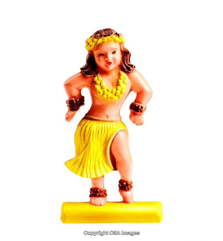 Colorful Hawaiian-Themed Plastic Hula Dancer Toy Figure in Bright Yellow Costume