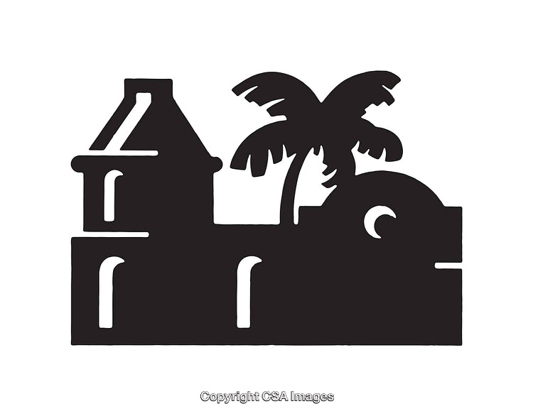 Silhouette of Architectural Building with Palm Tree in Black and White