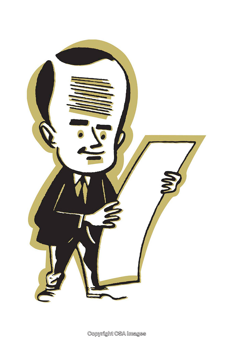 Cartoon Illustration of a Man Reading a Document in Thoughtful Pose