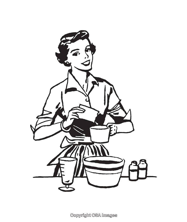Vintage Line Art Illustration of a Smiling Woman Cooking in a Kitchen