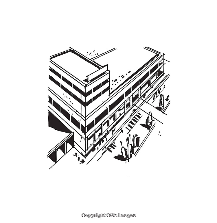 Black and White Line Art Illustration of a Modern Urban Building