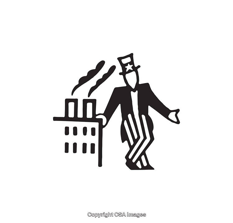 Black and White Line Art of Symbolic Figure with Factory