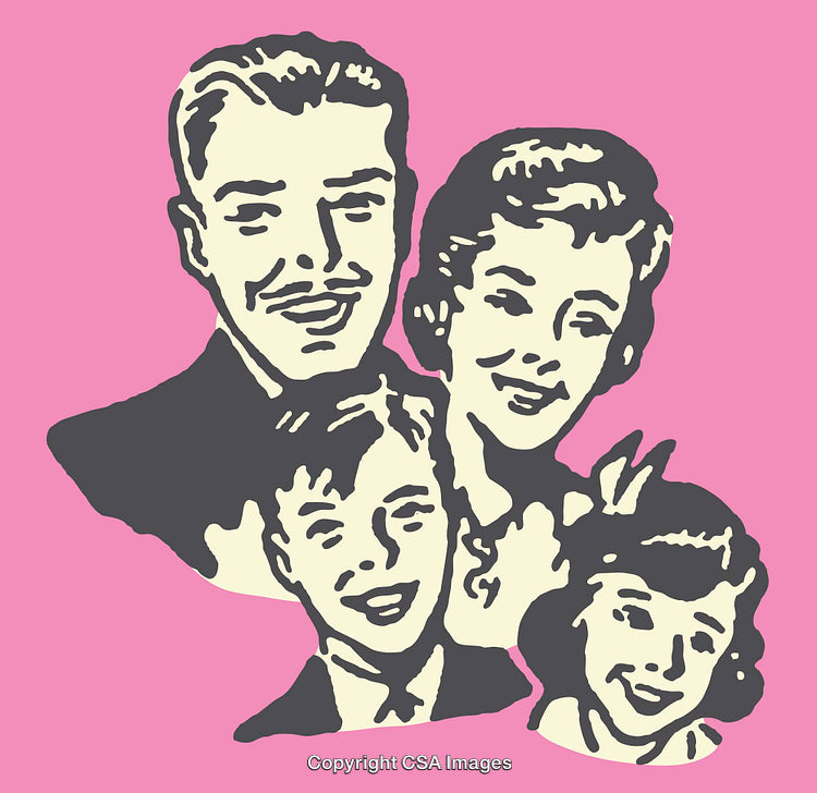 Retro Family Portrait in Vintage Line Art Style on Pink Background