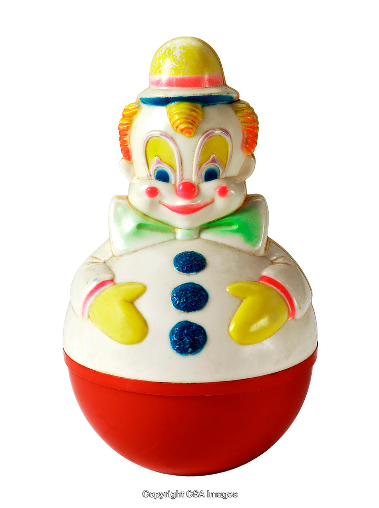 Colorful Vintage Clown Figurine with Red Bottom and Yellow Details