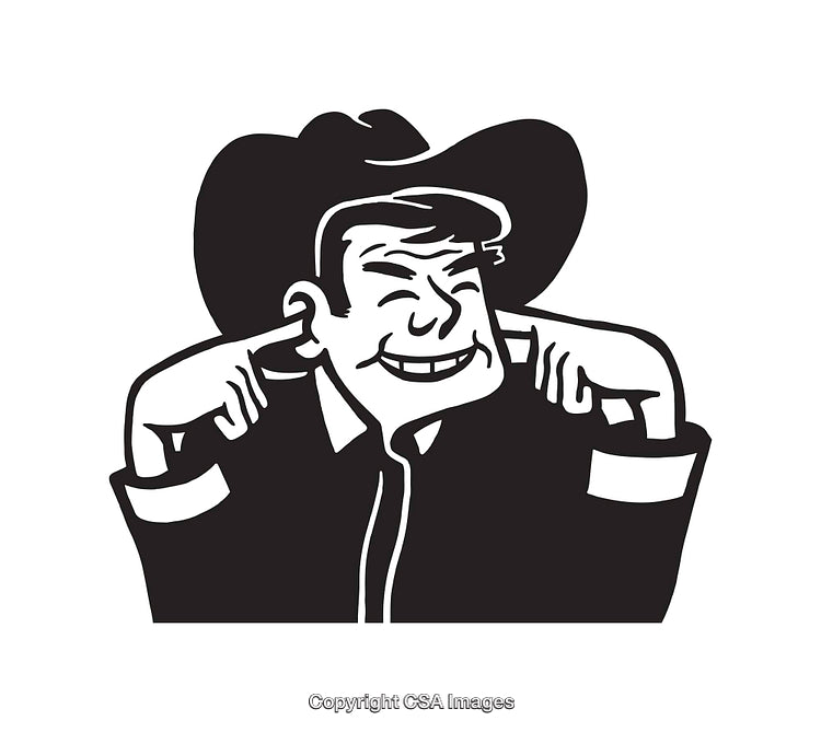 Funny Cowboy Line Art Illustration Plugging Ears and Smiling Humorously
