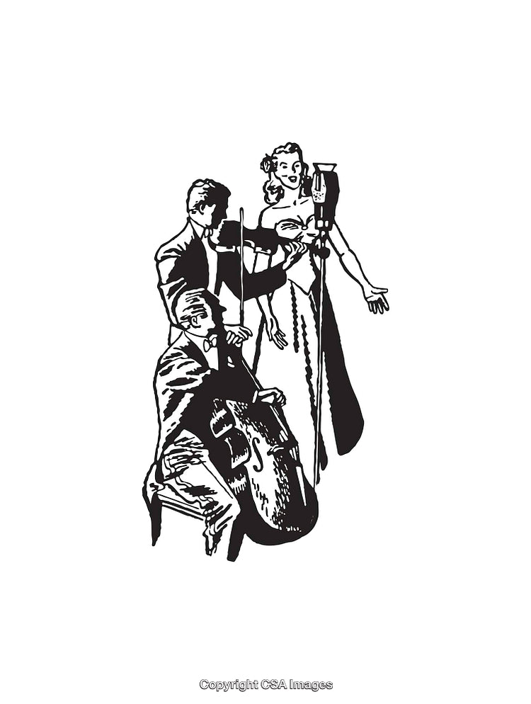 Vintage Black and White Line Art of a Musical Performance Scene