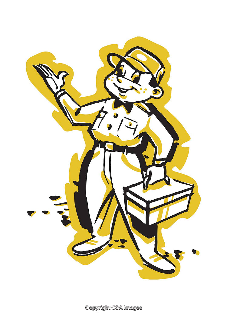 Smiling Cartoon Worker Holding Toolbox in Retro Illustration Style