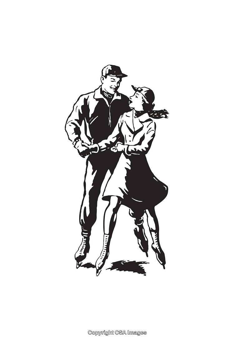 Vintage Black And White Ice Skating Illustration Of a Couple