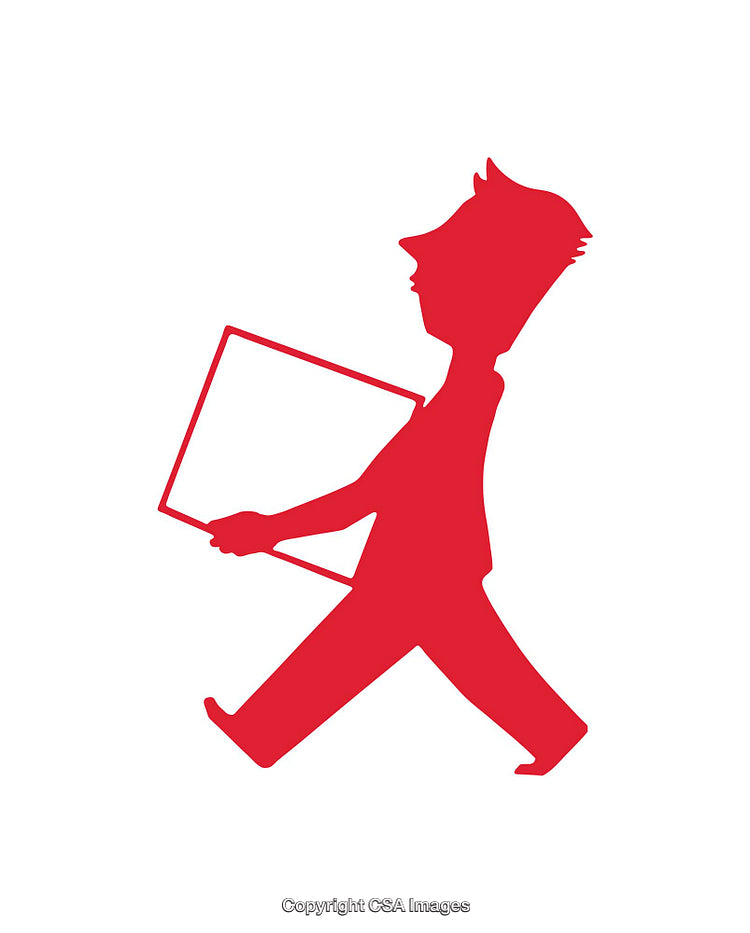Red Silhouette of a Person Carrying a Rectangular Object, Icon Style