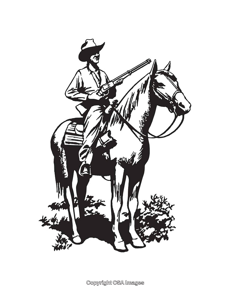 Black and White Illustration of a Cowboy on Horseback Holding a Rifle
