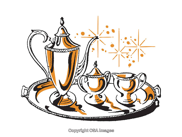 Elegant Illustration of a Vintage Tea Set with Decorative Stars and Sparkles
