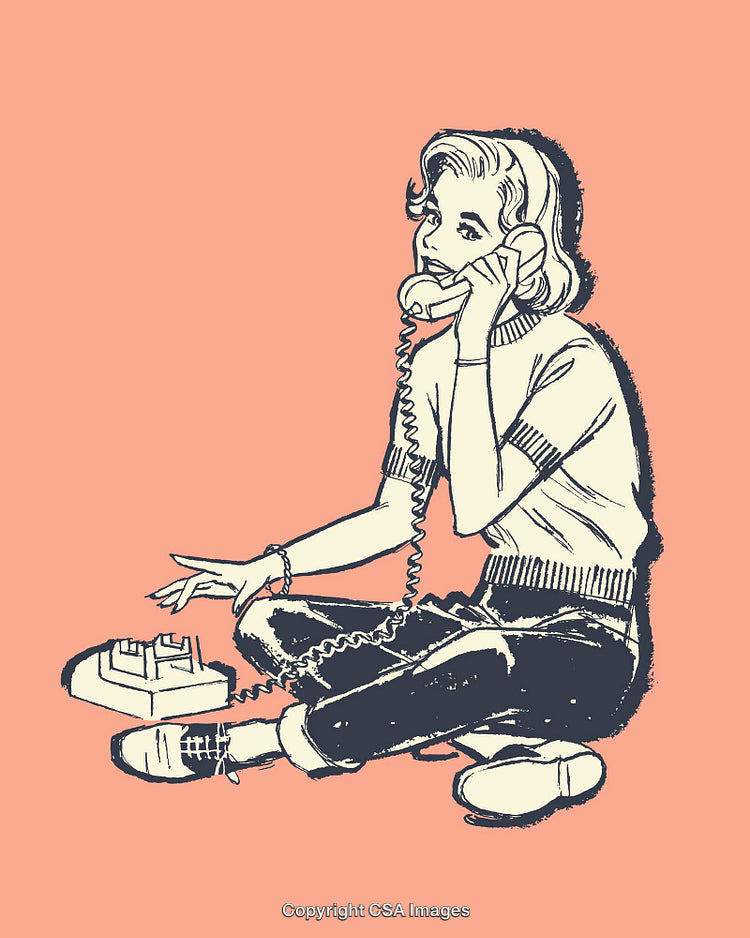 Retro Line Art Illustration of a Young Woman on a Telephone