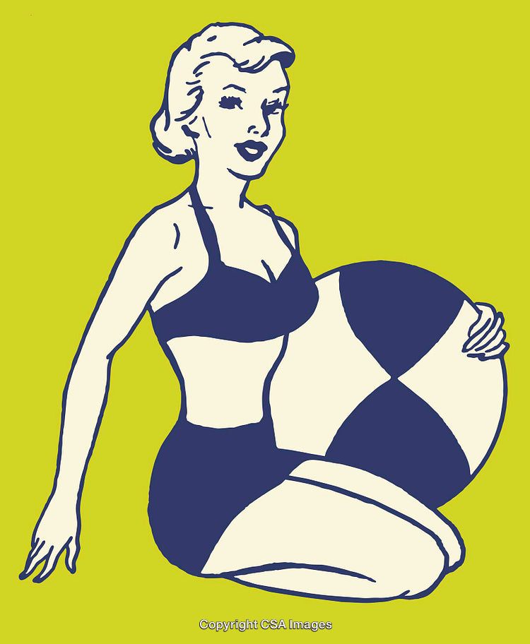Retro Styled Woman Holding Beach Ball In Vibrant Line Art Illustration