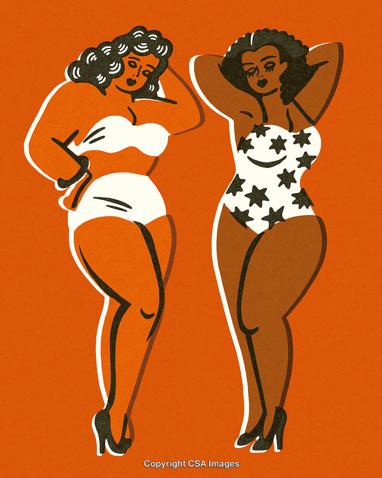 Illustration of Two Women in Stylish Swimwear on a Bright Orange Background