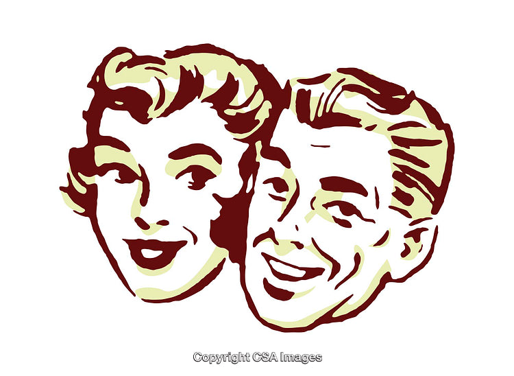 Retro Style Pop Art Illustration of Smiling Couple with Happy Expressions