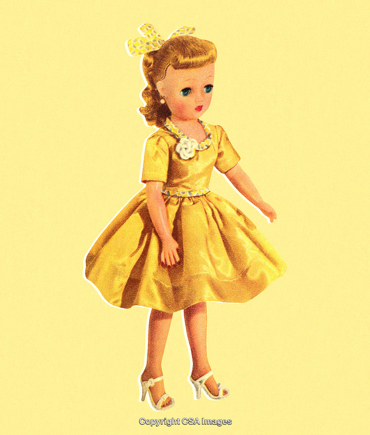 Vintage Styled Doll in Yellow Dress on Soft Yellow Background