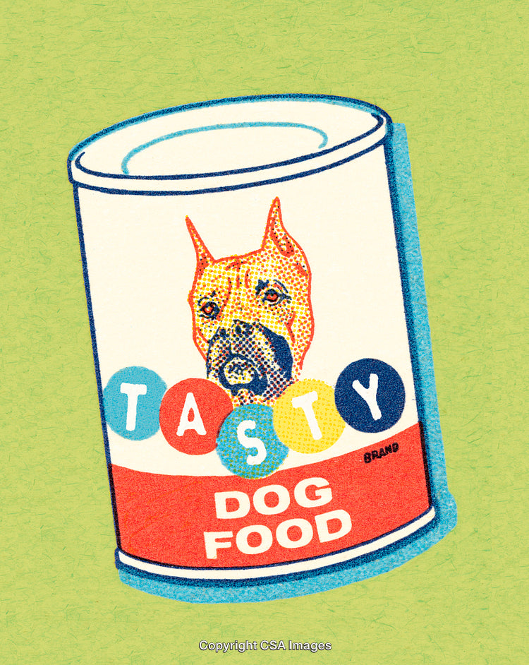 Illustrated Tinned Dog Food Can with Vibrant Pop Art Design on Green Background
