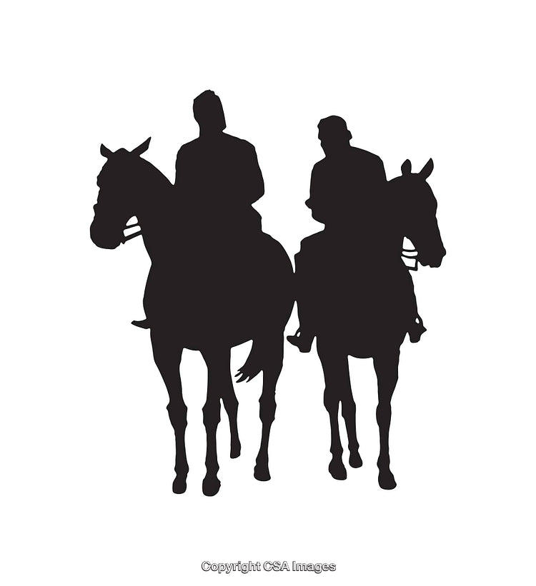 Silhouetted Riders on Horses in Elegant Black and White Artwork