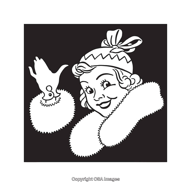 Black and White Illustration of a Happy Woman in Winter Attire