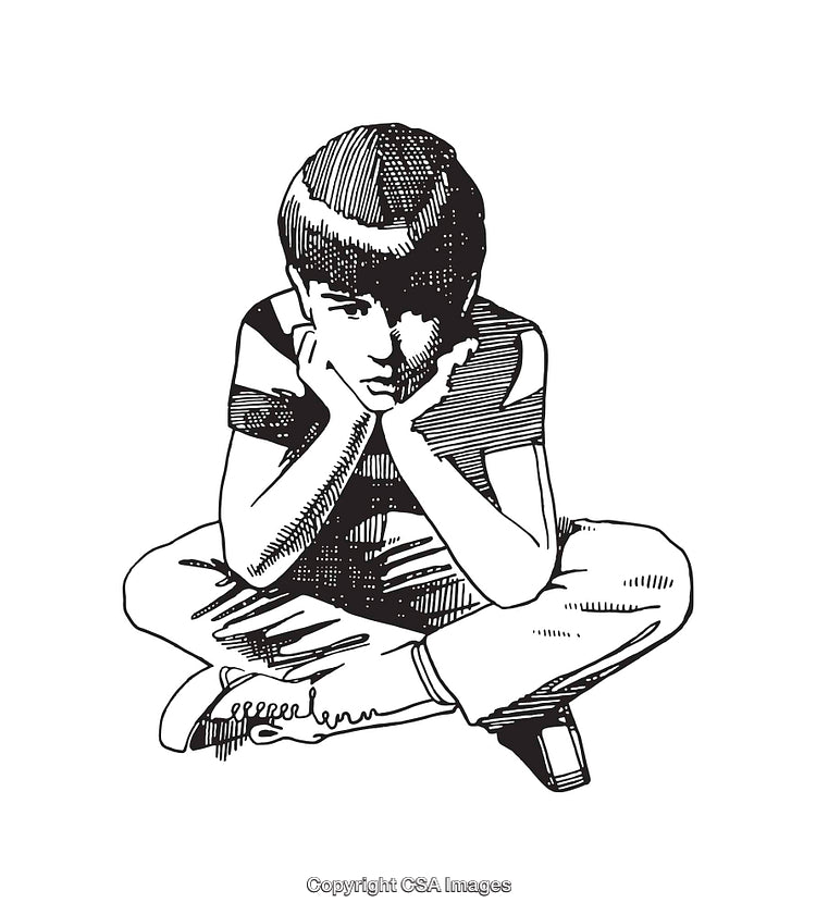 Black and White Line Art Illustration of a Pensive Boy Sitting Cross-Legged