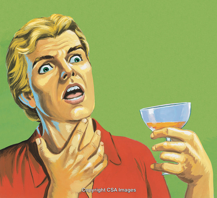 Worried Woman with Glass of Drink Against Vibrant Green Background