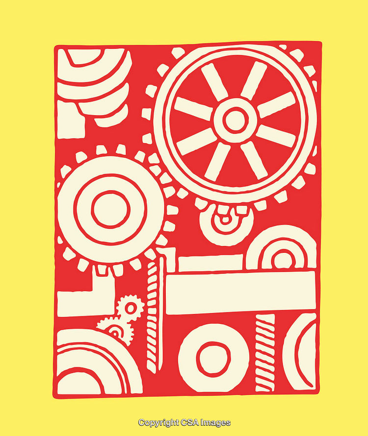 Abstract Line Art Of Machinery Gears In Red And Yellow Tones