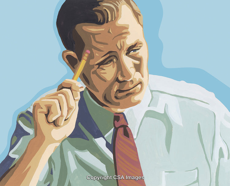 Thoughtful Man Holding Pencil in Retro Artistic Illustration
