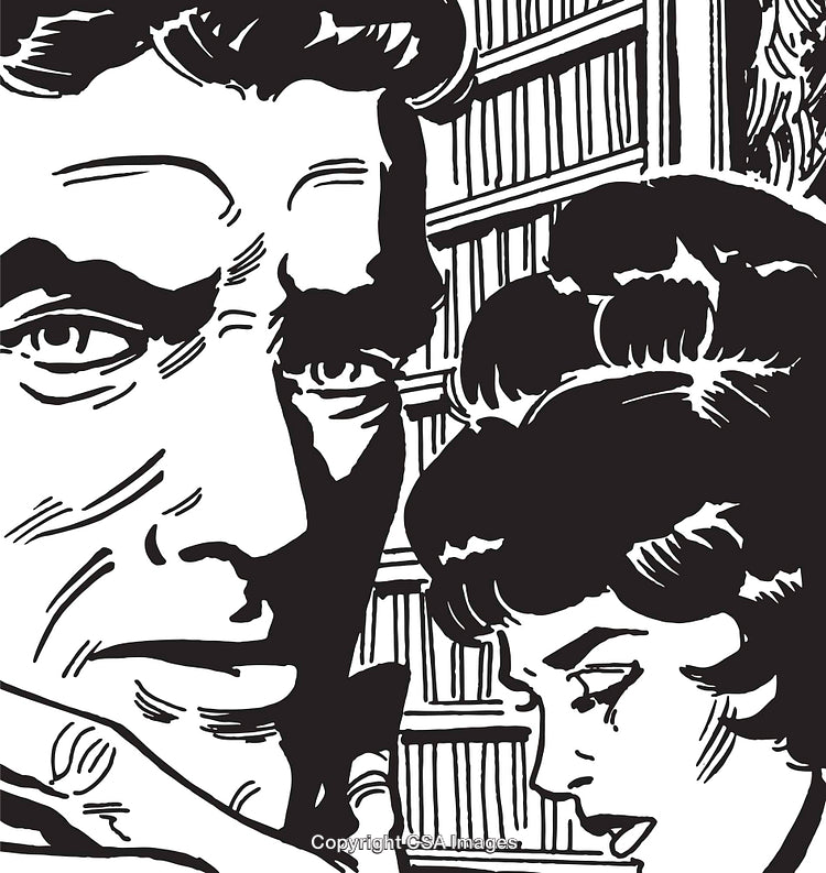 Retro Comic Style Illustration of Two Characters in Dramatic Interaction