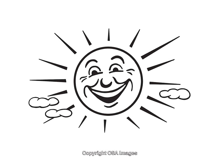 Smiling Sun With Rays and Clouds in Black and White Line Art
