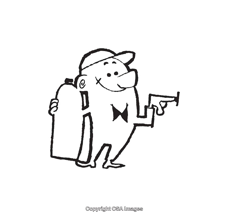 Black and White Line Art Illustration of a Cartoon Character with Tank