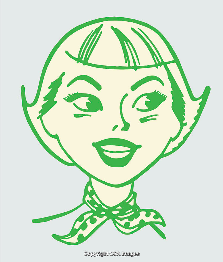 Retro Line Art Portrait of Smiling Woman with Scarf in Green Tones