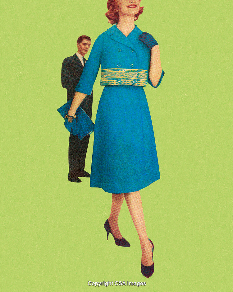 Vintage Inspired Fashion Illustration of Stylish Outfits on Bright Background