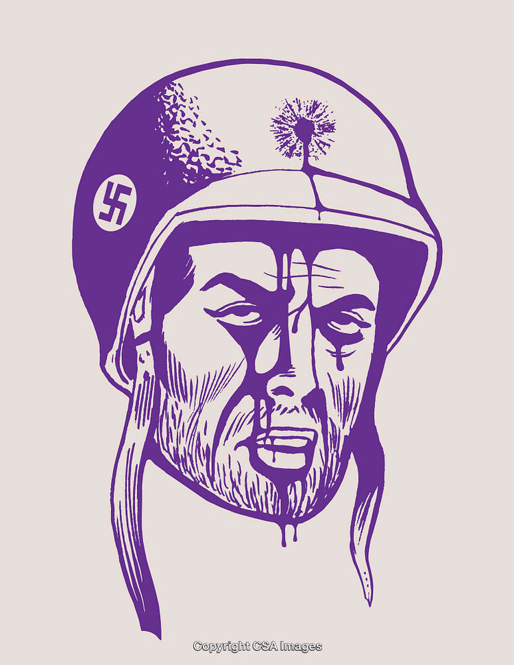 Illustration of a Helmeted Face with Symbolic and Conceptual Elements