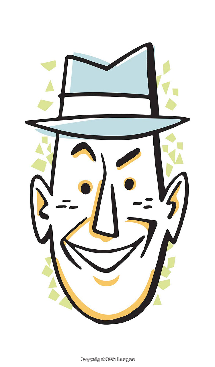 Stylized Illustration of a Smiling Man Wearing a Fedora Hat
