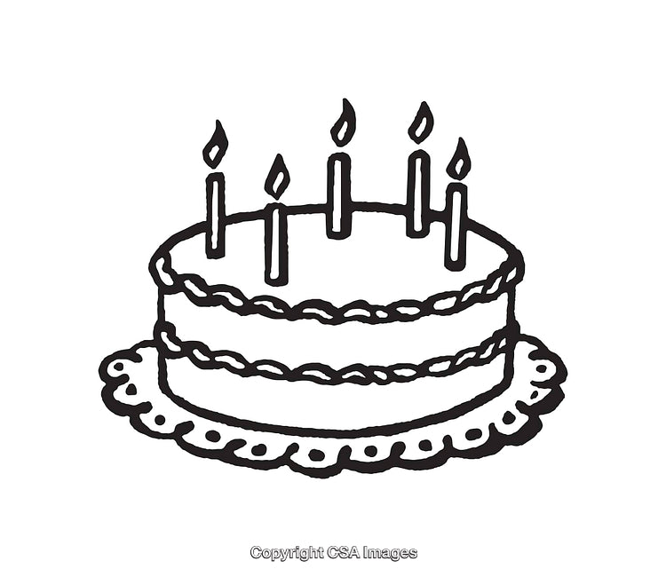 Black and White Line Art Illustration of a Birthday Cake With Candles