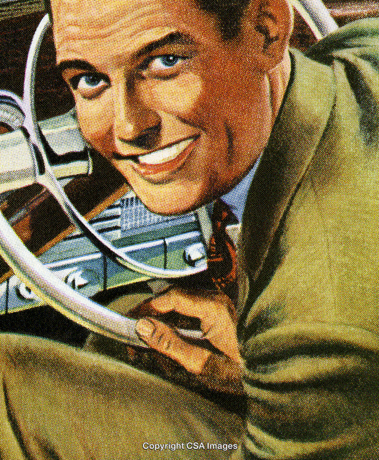 Vintage Illustration of Happy Man Holding Steering Wheel