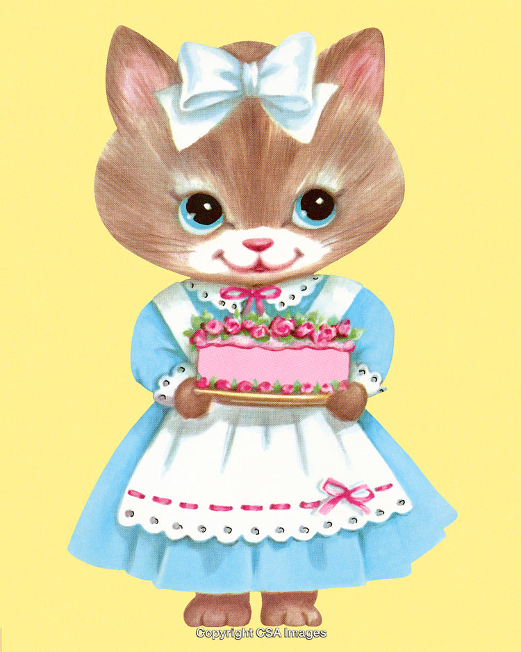 Cute Cat Holding Cake in Blue Dress with Floral Decor