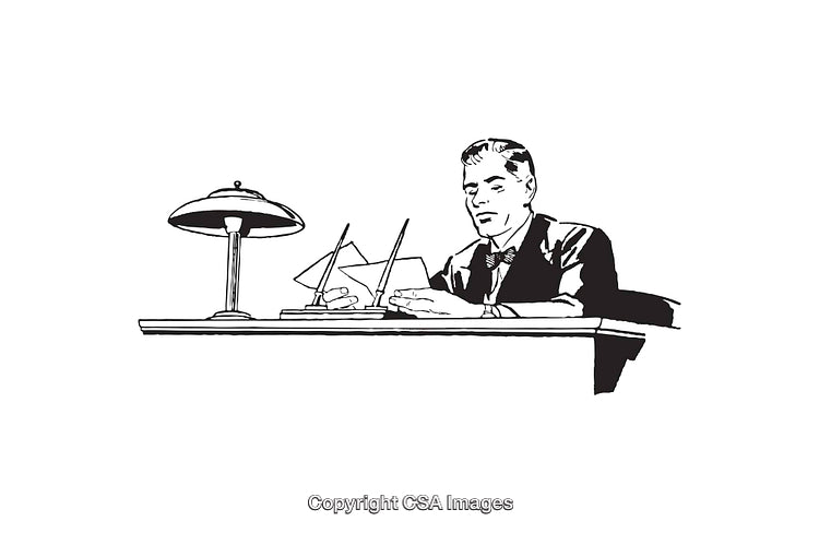 Businessman Working at Desk in Black and White Line Art Illustration