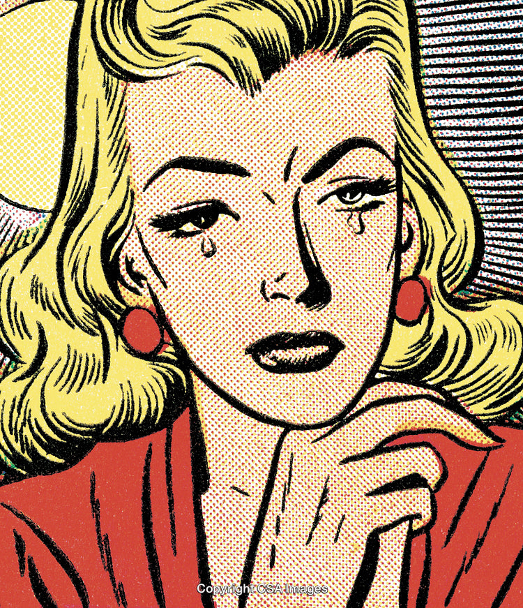 Colorful Comic-Style Illustration of a Sad Woman with Retro Appeal