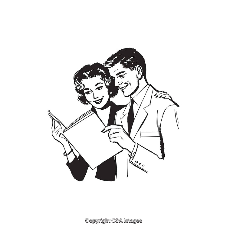Retro Style Illustration of Couple Reading a Document Together