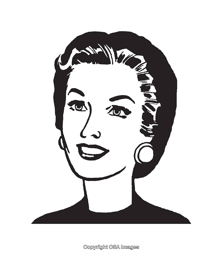 Retro Black And White Line Art Illustration of a Smiling Woman