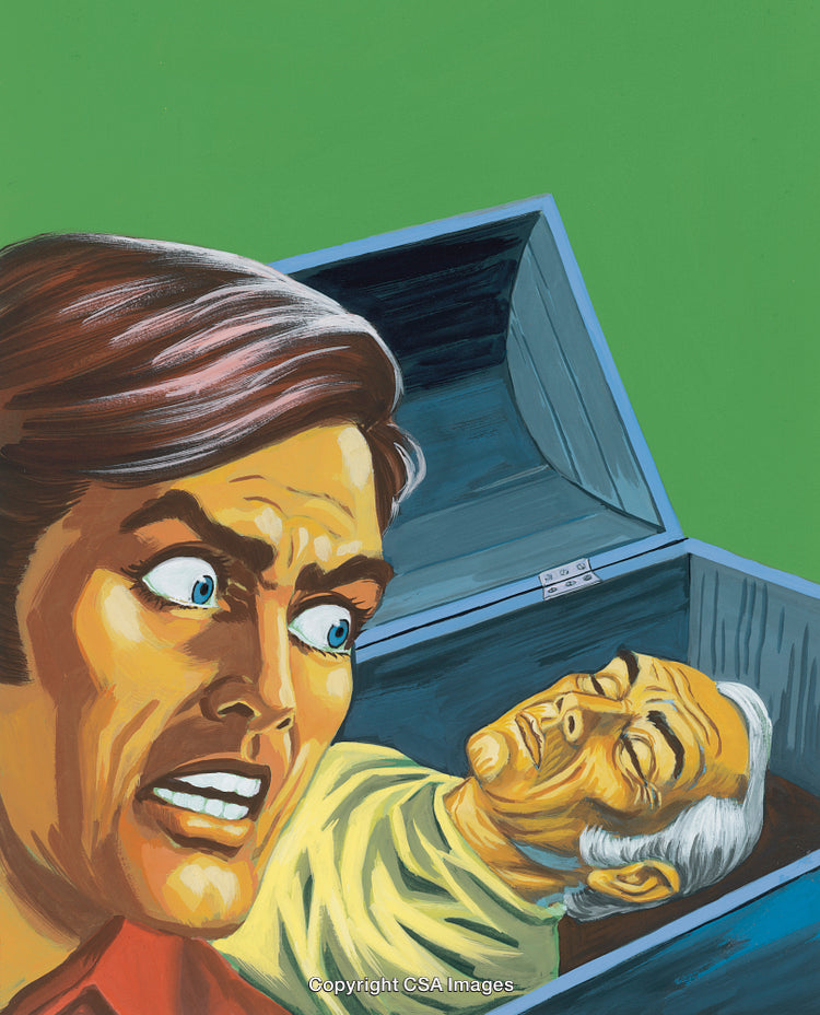 Surprised Man Facing Eerie Discovery Near an Open Coffin Illustration