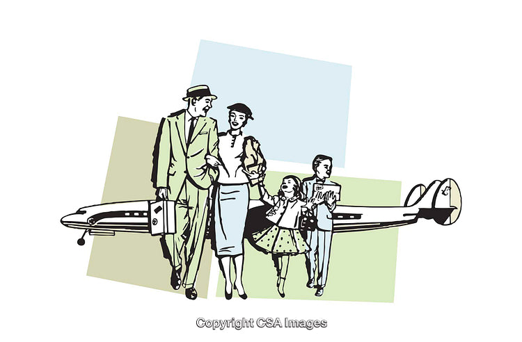 Retro Illustration of a Family Traveling Together by Airplane