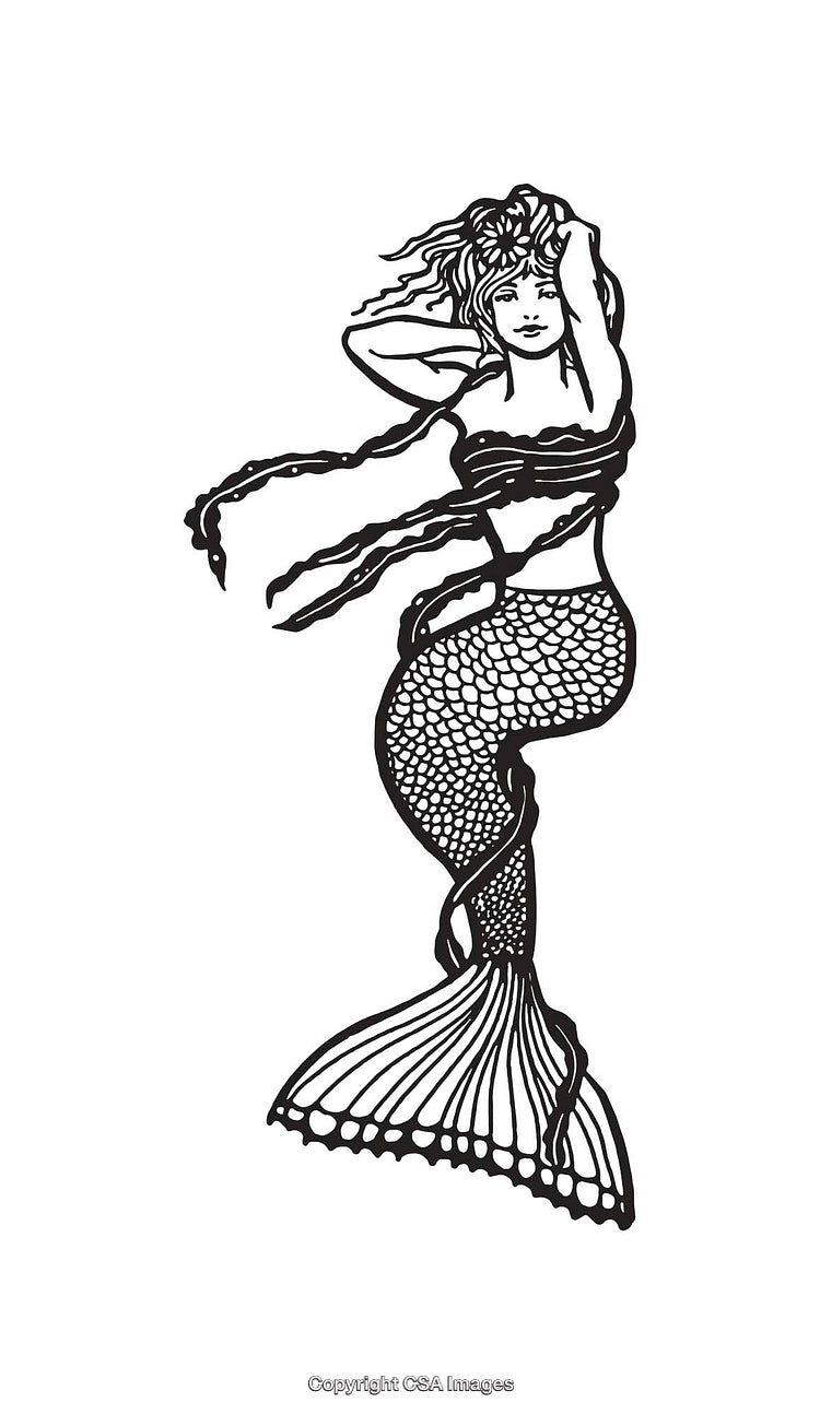 Stylized Black and White Line Art Illustration of a Mermaid