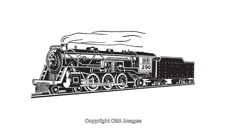 Vintage Steam Locomotive Black and White Line Art Illustration